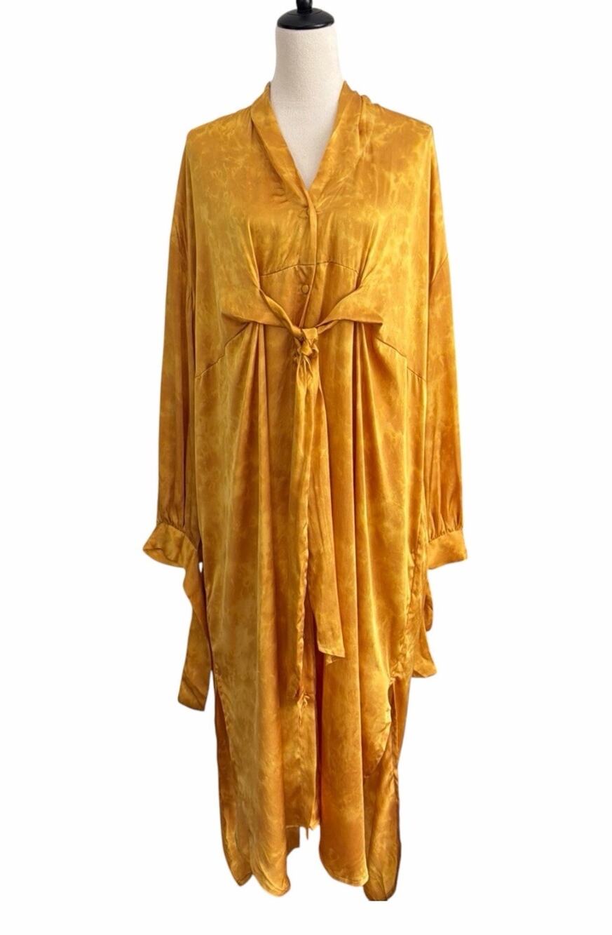 Myrah Penaloza 100% Silk Button Front Maxi Dress Tie Waist Turmeric Gold OS NEW
